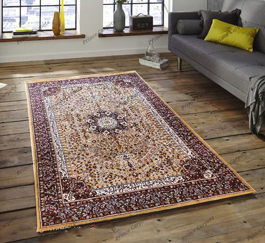 Prince Carpets Kashmiri Supersoft Wool Blend Persian Carpet for Living Room Bedroom Dining Room Hall with 15mm Thickness Non Slip Washable Carpet Gold Color 3 x 5 feet