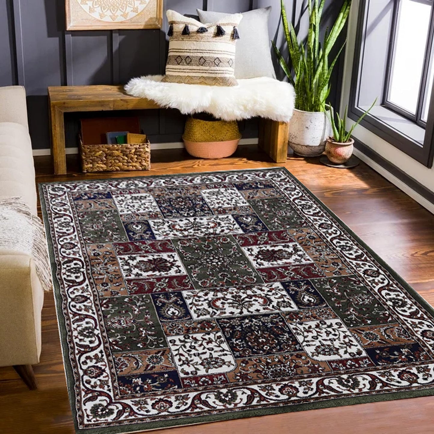 Prince Carpets Kashmiri Supersoft Wool Blend Persian Design Carpet for Living Room Bedroom Drawing Room Hall Anti Slip Backing Thick Washable Carpet Green Color 6 x 9 feet