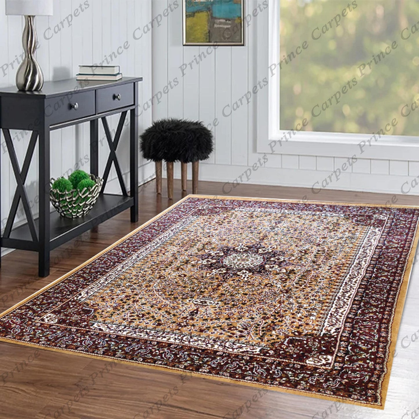 Prince Carpets Kashmiri Supersoft Wool Blend Persian Carpet for Living Room Bedroom Dining Room Hall with 15mm Thickness Non Slip Washable Carpet Gold Color 9 x 12 feet