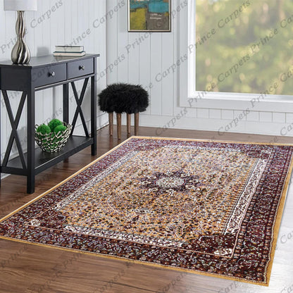 Prince Carpets Kashmiri Supersoft Wool Blend Persian Carpet for Living Room Bedroom Dining Room Hall with 15mm Thickness Non Slip Washable Carpet Gold Color 9 x 12 feet