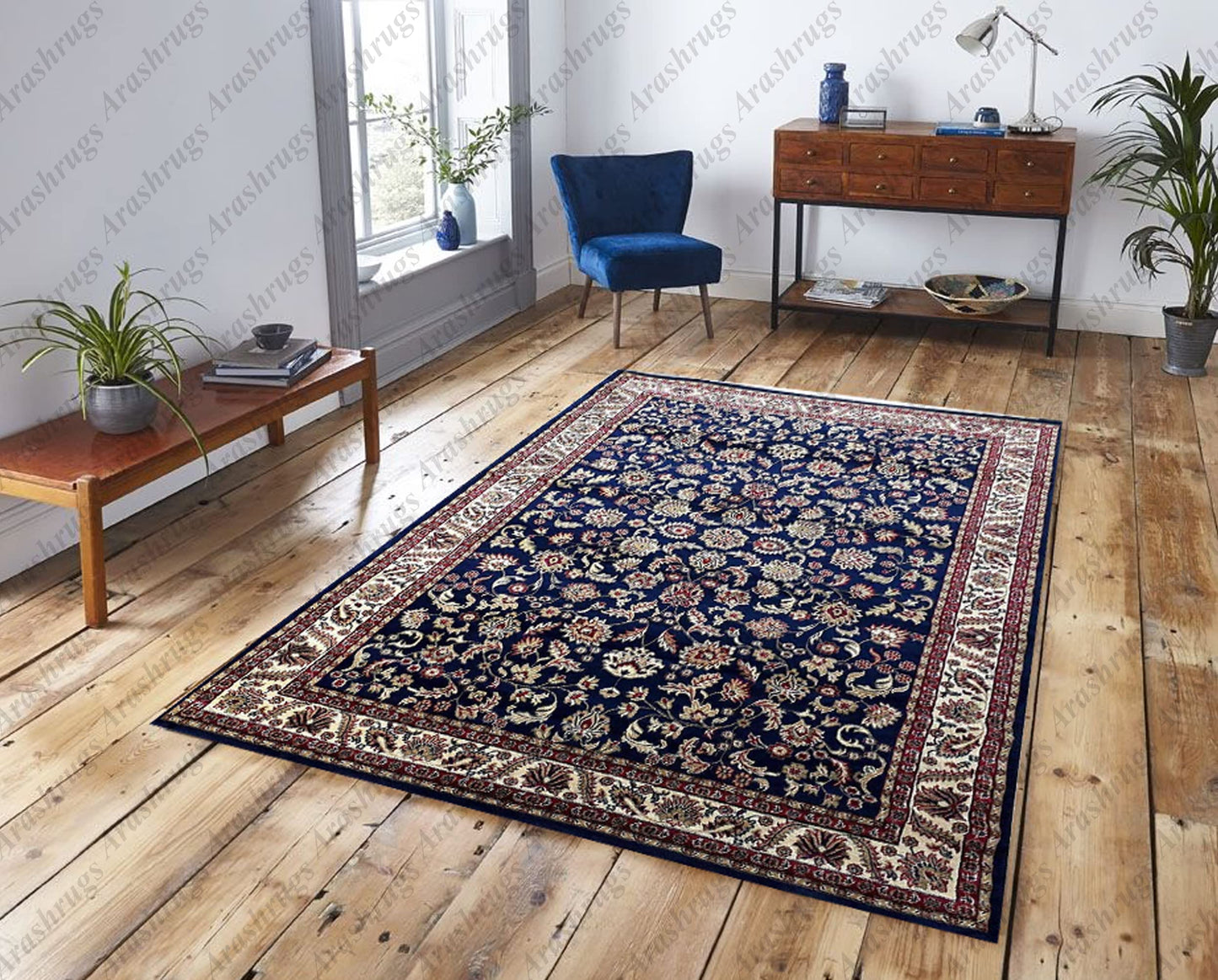 Prince Carpets Kashmiri Persian Design Supersoft Wool Blend Carpet for Living Room with 1 inch Thickness Anti Skid Backing Washable Carpet Blue Color 8 x 11 feet