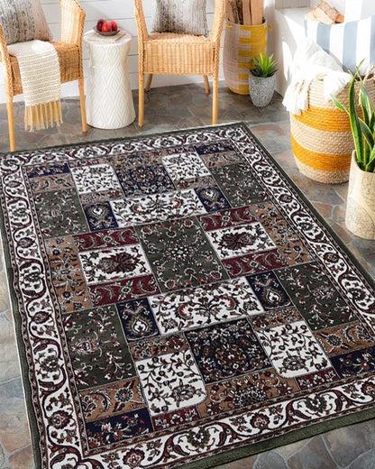Prince Carpets Kashmiri Supersoft Wool Blend Persian Design Carpet for Living Room Bedroom Drawing Room Hall Anti Slip Backing Thick Washable Carpet Green Color 6 x 9 feet