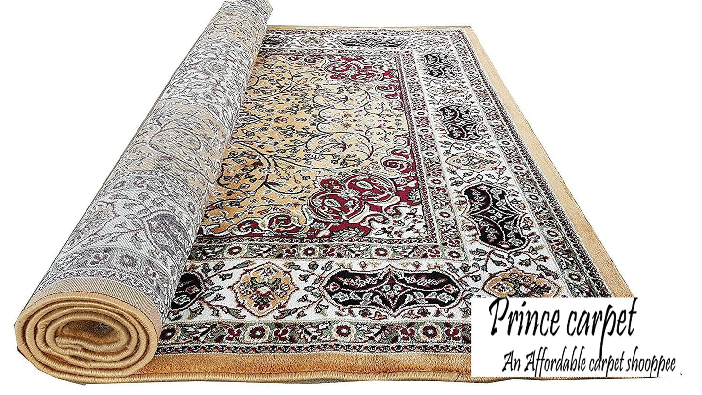 Prince Carpets Kashmiri Supersoft Wool Blend Persian Carpet for Living Room Bedroom Dining Room Hall with 15mm Thickness Non Slip Washable Carpet Gold Color 9 x 12 feet