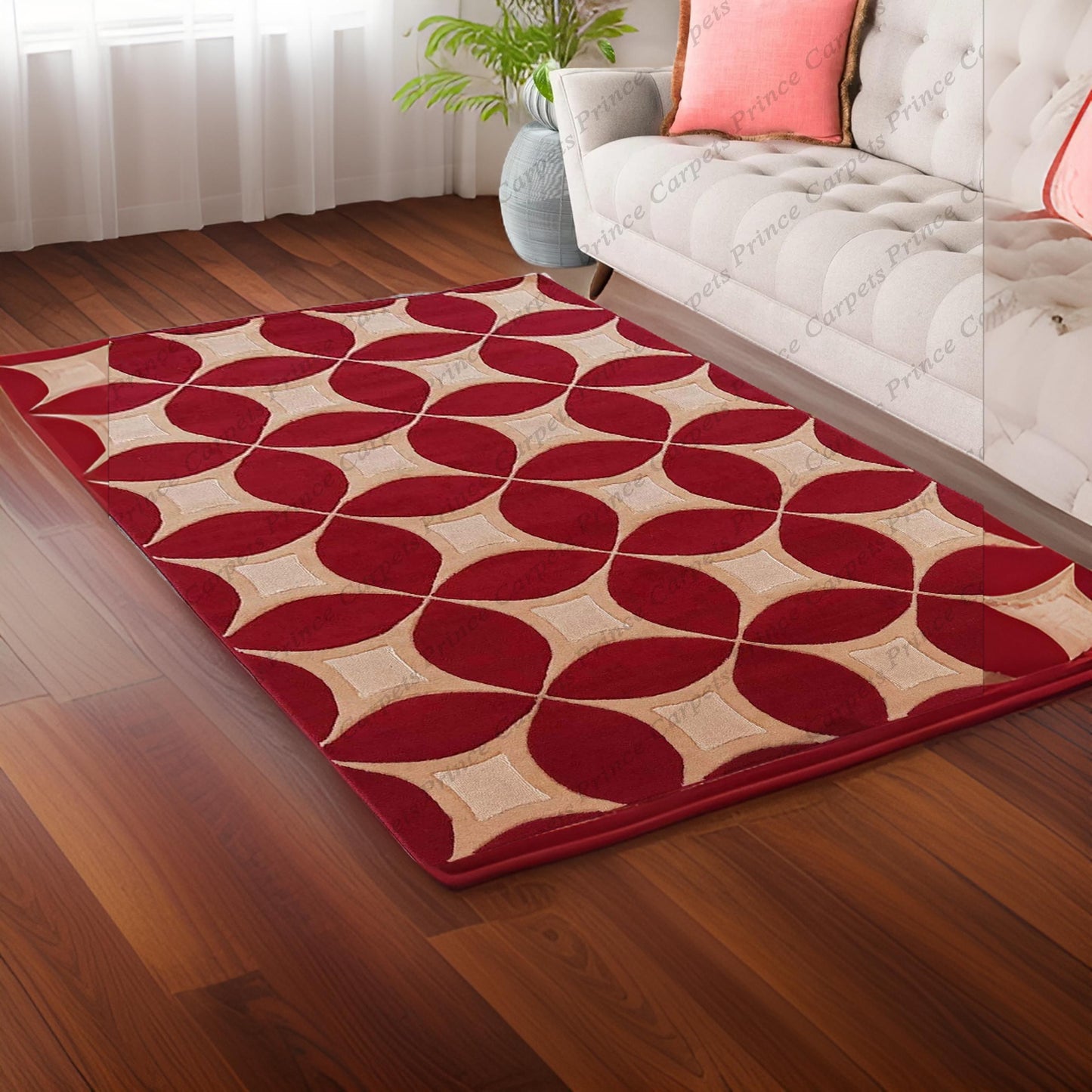 Prince Carpets Embossed Carved Supersoft Wool Blend Modern Design Carpets for Living Room Home Bedroom Drawing Room Hall with 1 inch Thickness Red Color 6 x 8 feet