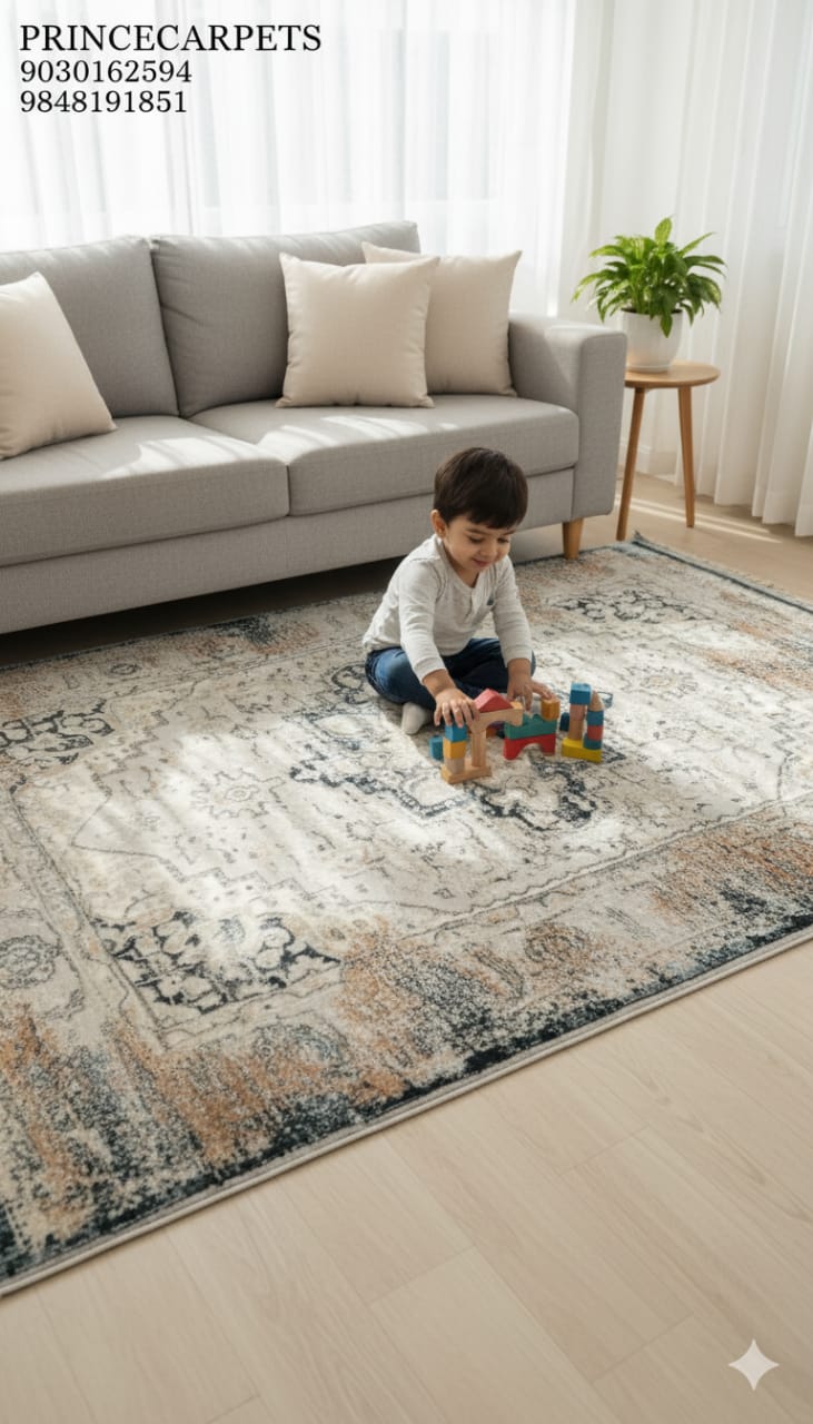 Child playing with toys on a Prince Carpets rug in a living room.