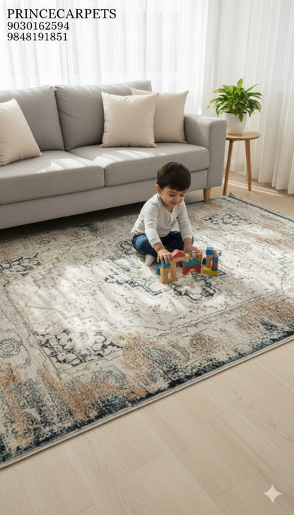 Child playing with toys on a Prince Carpets rug in a living room.