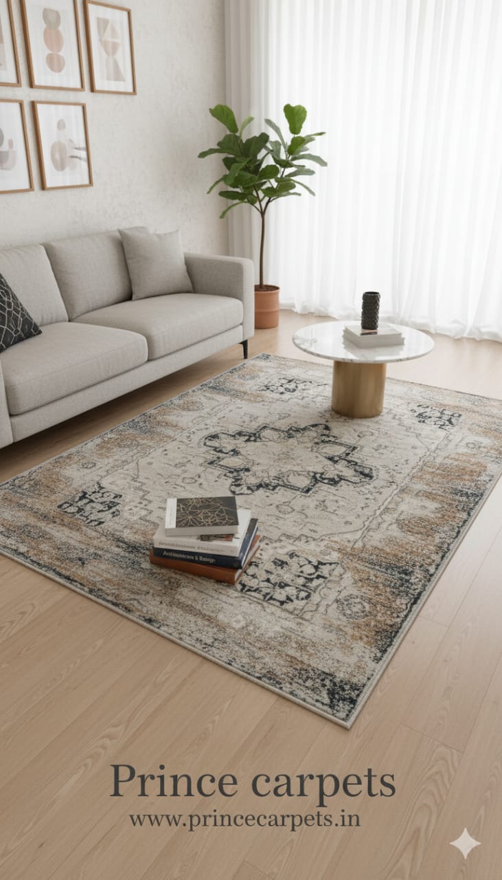 Living room with a Prince Carpets rug, sofa, and coffee table.