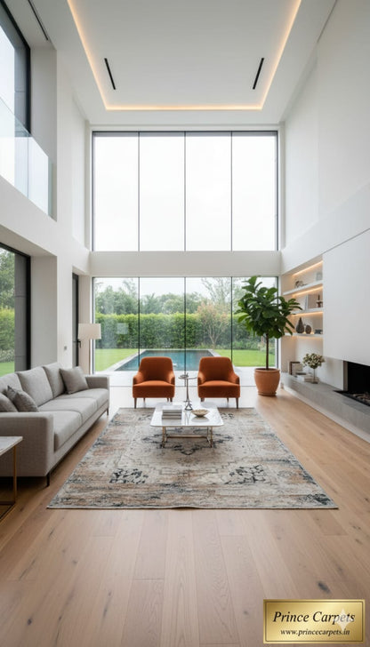 Modern living room with large windows, gray sofa, and orange chairs.