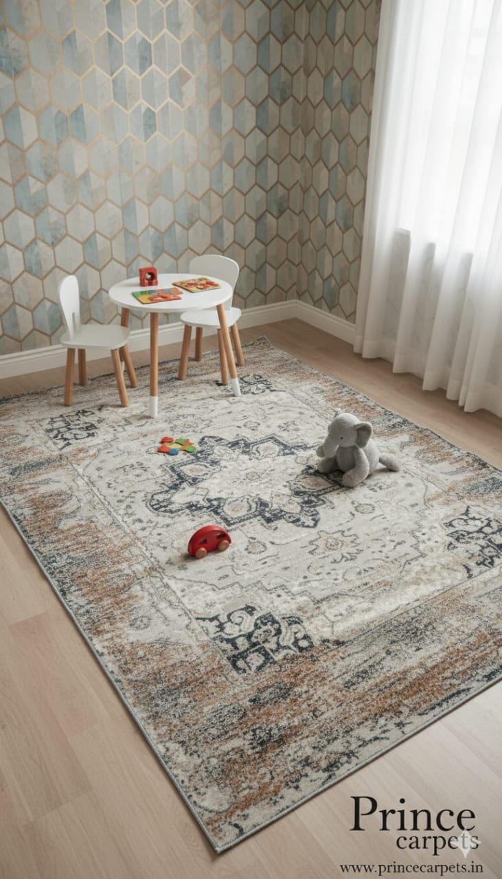 Children's playroom with a patterned rug, table, chairs, and toys.