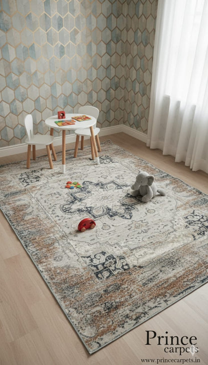 Children's playroom with a patterned rug, table, chairs, and toys.